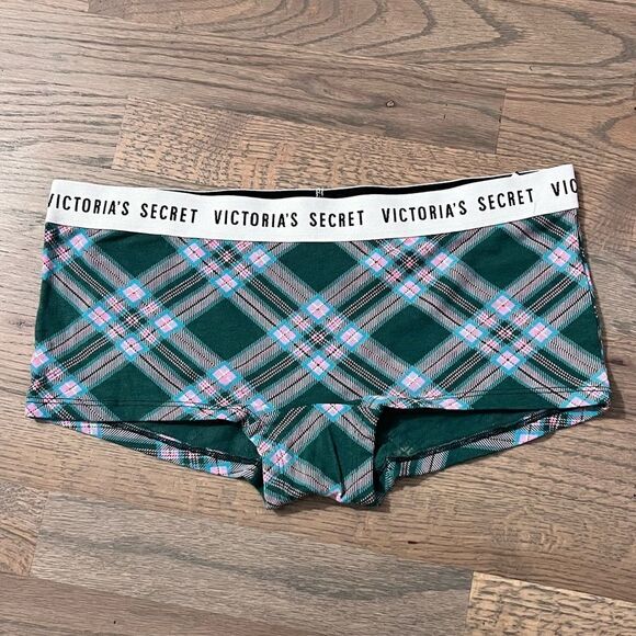 Victorias Secret Cotton Shortie Panty Logo on elastic waistband green plaid L - Picture 1 of 2